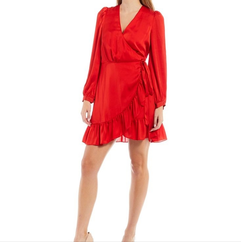 NWT Gianni Bini V-Neck Long Balloon Cuff Sleeve Ruffle Hem Mini Dress